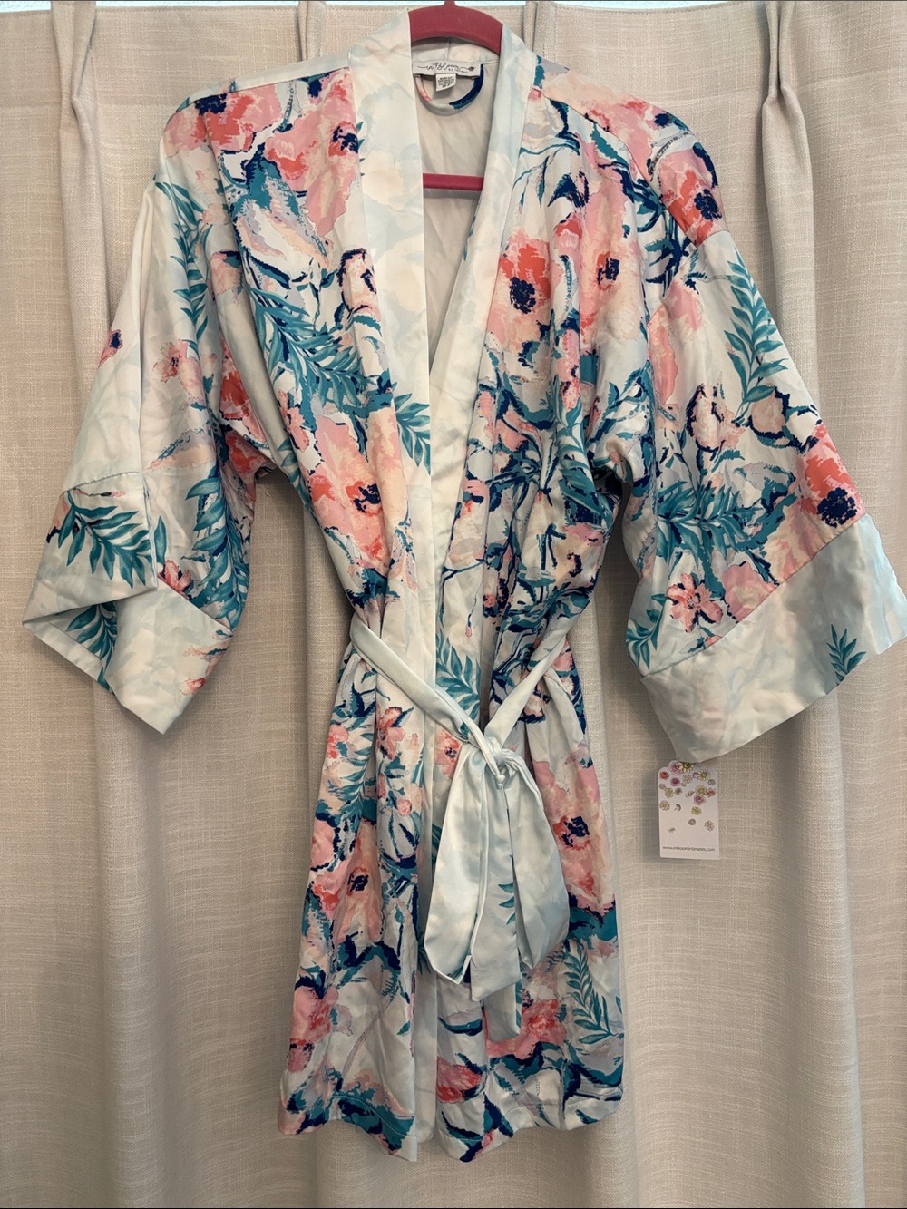 In Bloom by Jonquil Jade Floral Satin Kimono Robe in Pastel Pink & Teal, XS-S